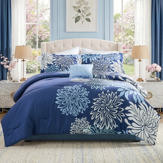 Regency Heights Queen Size Comforter Set, 5-Piece Floral Bedding Set for All Season, Blue Comforter Set Queen with Bed Skirt