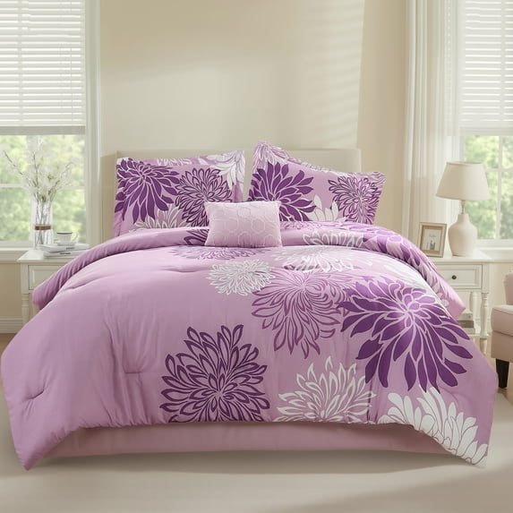 Regency Heights Queen Size Comforter Set, 5-Piece Floral Bedding Set for All Season, Purple Comforter Set Queen with Bed Skirt