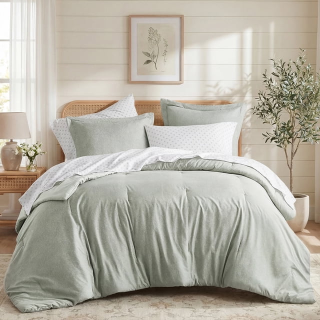 Regency Heights Queen Size Comforter Set, 7-Piece Reversible Bed in a Bag with Sheets, Sage Green