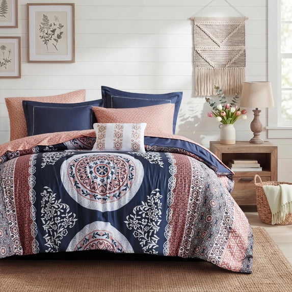 Regency Heights Queen Size Comforter Set, 9-Piece Bed in a Bag Queen, Navy/Orange Bedding Sets with Sheets, Bed Skirt for College Dorm