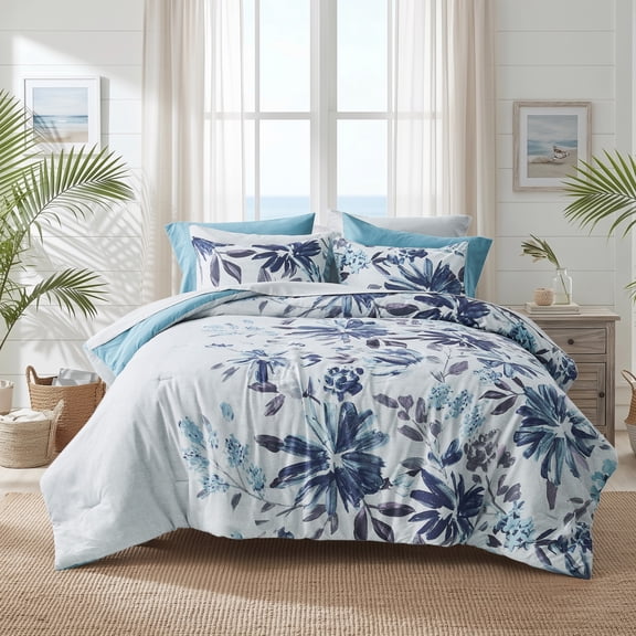 Regency Heights Queen Size Comforter Set with Sheets, 9-Piece Floral Textured Print Bed in a Bag Queen, Blue Bedding Comforter Set with Bed Sheets and Side Pocket