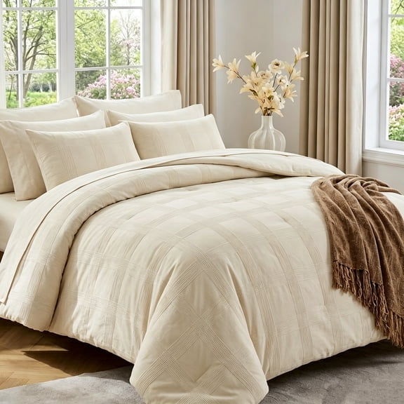 Regency Heights Queen Size Comforter Set – Beige Striped Woven Bed in a Bag, 9-Piece Bedding set with Sheets, Machine Washable for All Seasons