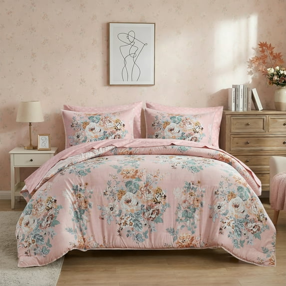Regency Heights Queen Size Comforter Sets, Pink Vintage Floral Bed in a Bag Queen, 7 Pieces Bedding Comforter Set with Bed Sheets and Pillowcases