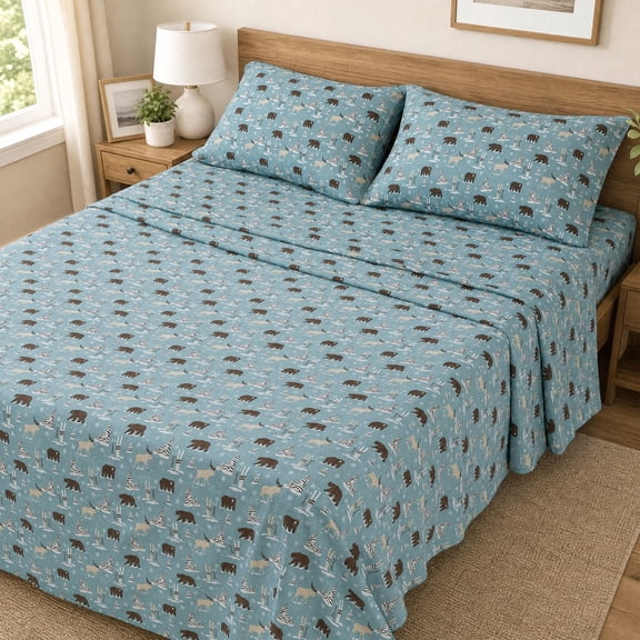 Regency Heights Queen Size Cotton Flannel Sheet Set, 4-Piece Flannel Bed Sheets Queen, 100% Cotton Bed Sheets Set with Deep Pocket, Blue Snowy Landscape