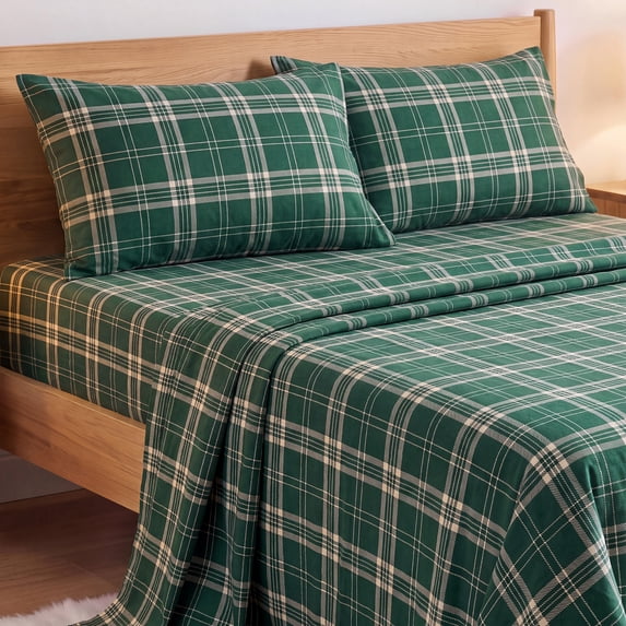 Regency Heights 100% Cotton Flannel Sheet Set Queen Size, 4-Piece Brushed Flannel Bed Sheets, Classic Holiday Green Plaid Bedding Set with Deep Pocket Fitted Sheet & Pillowcases, Gift for Christmas