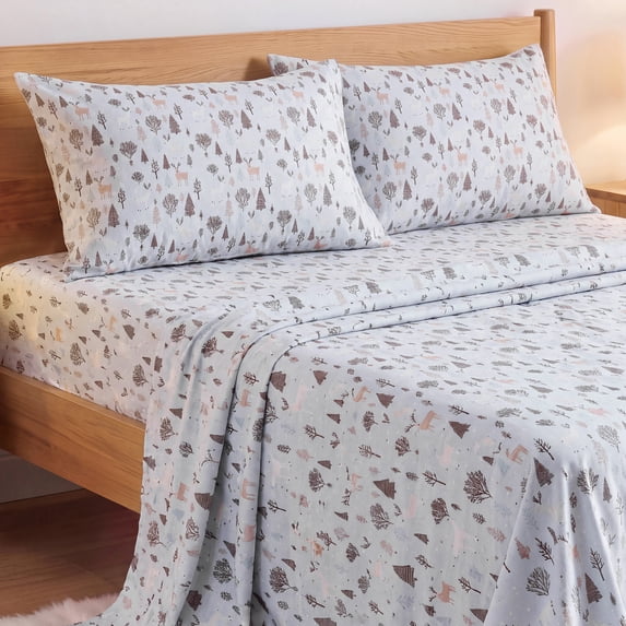 Regency Heights 100% Cotton Flannel Sheet Set Queen Size, 4-Piece Brushed Flannel Bed Sheets, Blue Forest Reindeer Holiday Bedding Set with Fitted Sheet & Pillowcases, Gift for Christmas