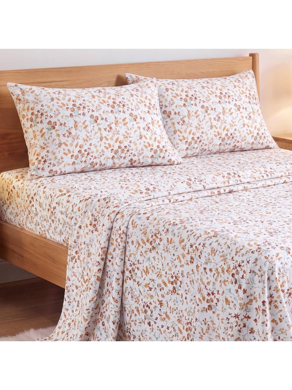 100% Cotton Flannel Sheet Set Queen Size, 4-Piece Brushed Flannel Bed Sheets, Yellow Floral Bedding Set with Deep Pocket Fitted Sheet & Pillowcases, Gift for Christmas