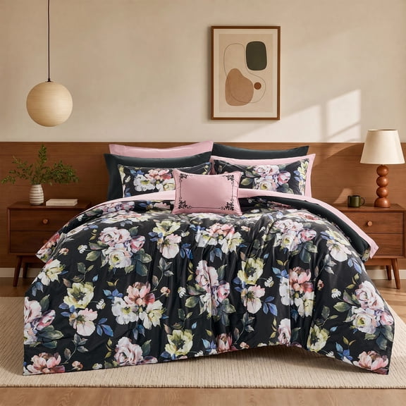 Regency Heights Queen Size Floral Velvet Bed-in-a-Bag, 10-Piece Black Reversible Queen Bedding Set, Comforter with Sheet Set