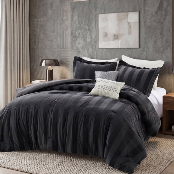 Regency Heights Queen Size Velvet Striped Comforter Set, 5-Piece Luxury Comforter Bed Set for All Seasons, Black Cozy Bedding Sets with Decor Pillows