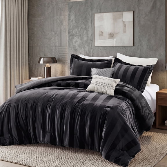 Regency Heights Crushed Velvet Striped Comforter Set, 5-Piece Luxury Cozy Bedding Sets with Decor Pillows, Queen Size Comforter Bed Set for All Seasons, Black