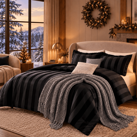 Regency Heights Brushed Velvet Striped Comforter Set, 5-Piece Luxury Cozy Bedding Sets with Decor Pillows, Queen Size Comforter Bed Set for All Seasons, Charcoal Black
