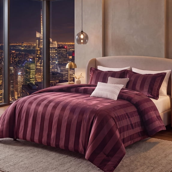 Regency Heights Brushed Velvet Striped Comforter Set, 5-Piece Luxury Cozy Bedding Sets with Decor Pillows, Queen Size Comforter Bed Set for All Seasons, Burgundy Red
