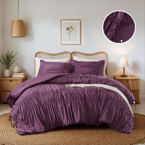 Regency Heights Full/Queen Soft Washed Comforter Set, Ruched Striped Dorm Bedding Sets, 3-Piece Purple French Country Comforter Bed Set with Bow Ties and Sham for All Season