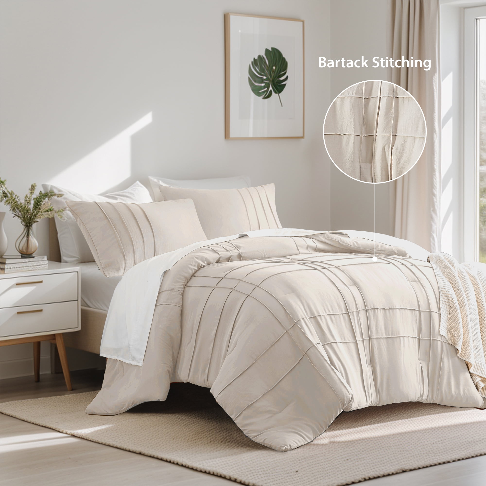Regency Heights Queen Comforter Set, Boho 3-Piece Pintuck Stitching Bedding Set, Soft Washed Pleated Bed Sets with Pillow Sham Neutral