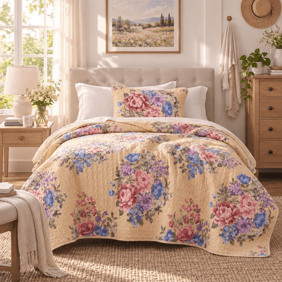 Regency Heights Quilt Set Twin Size, Yellow Floral Bedspread, Reversible Coverlet Set, 2-Piece Quilted Bedding Set with Shams for All Season