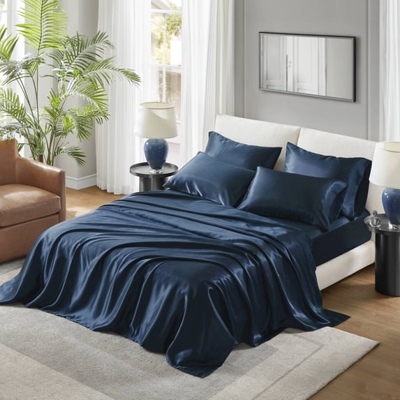 Regency Heights Satin Sheet Set, Cal King Bed Sheets with Pillowcases, 6-Piece Luxury Silky Sheet Set, Midnight Blue, Gifts for Women