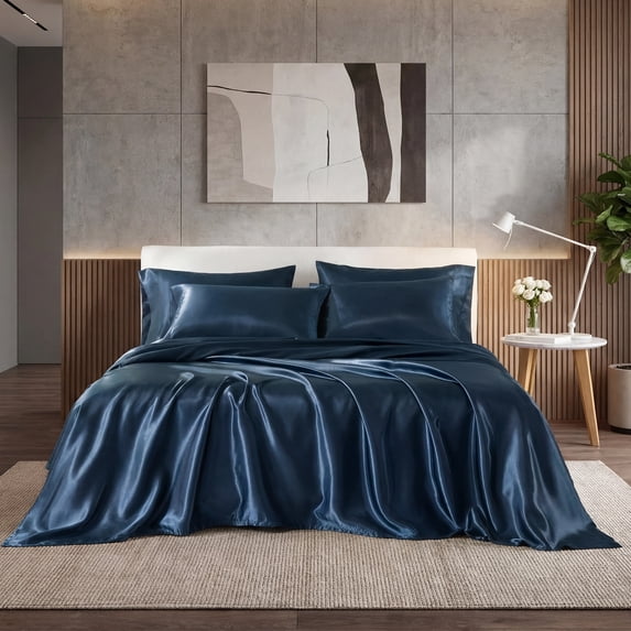 Regency Heights Midnight Blue Satin Sheet Set Full Size, 6-Piece Silky Bed Sheets with 16" Deep Pocket Fitted Sheet