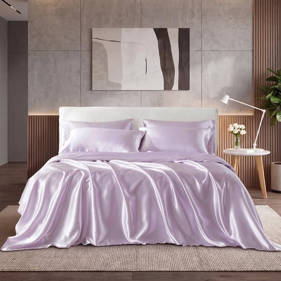 Regency Heights Lilac Satin Sheet Set King Size, 6-Piece Silky Bed Sheets with 16" Deep Pocket Fitted Sheet