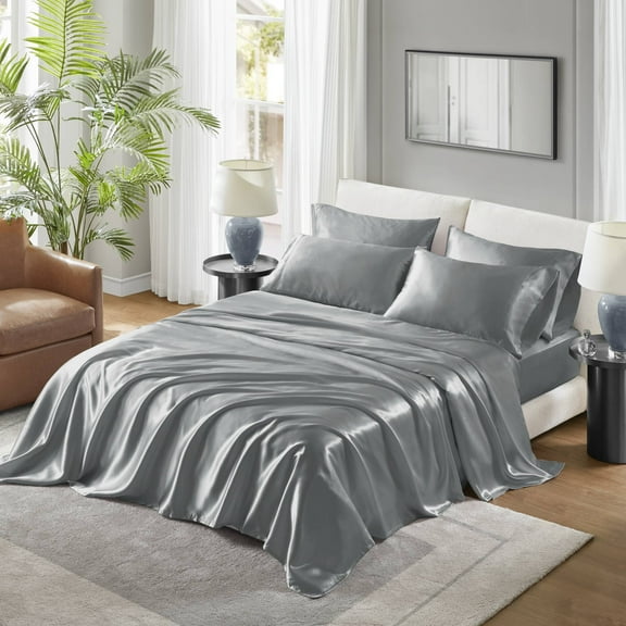 Regency Heights Satin Sheet Set, Split King Bed Sheets with Pillowcases, 7-Piece Luxury Silky Sheet Set, Grey, Gifts for Women