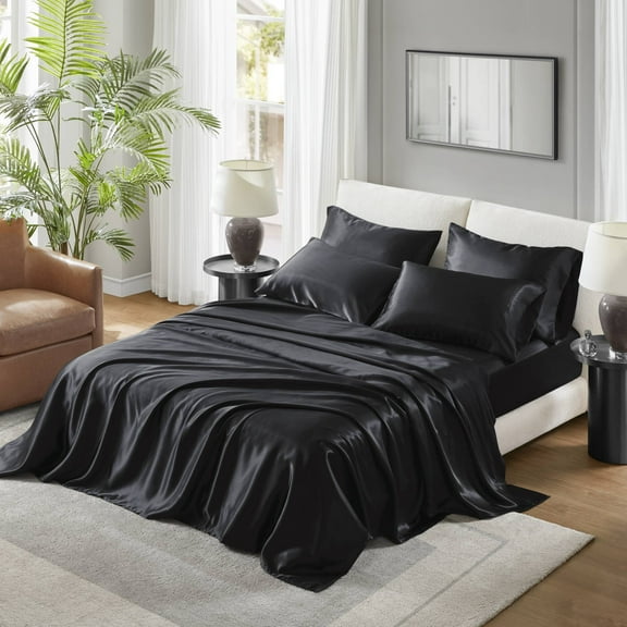 Regency Heights Satin Sheet Set, Twin Bed Sheets with Pillowcases, 4-Piece Luxury Silky Sheet Set, Black, Gifts for Women