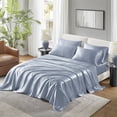 thumbnail image 1 of Regency Heights Blue Satin Sheet Set Twin Size, 4-Piece Silky Bed Sheets with 16" Deep Pocket Fitted Sheet, 1 of 12