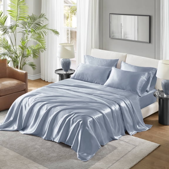 Regency Heights Blue Satin Sheet Set Twin Size, 4-Piece Silky Bed Sheets with 16" Deep Pocket Fitted Sheet