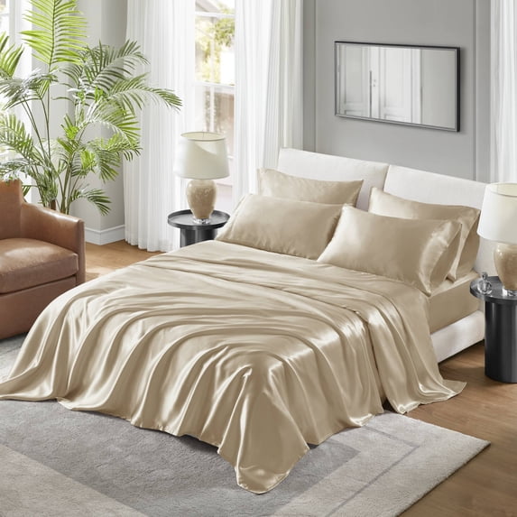 Regency Heights Champagne Satin Sheet Set Twin Size, 4-Piece Silky Bed Sheets with 16" Deep Pocket Fitted Sheet