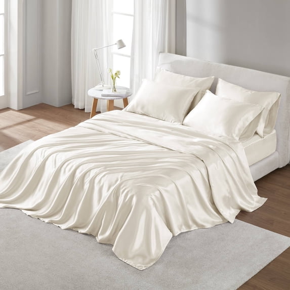 Regency Heights Ivory Satin Sheet Set Twin Size, 4-Piece Silky Bed Sheets with 16" Deep Pocket Fitted Sheet