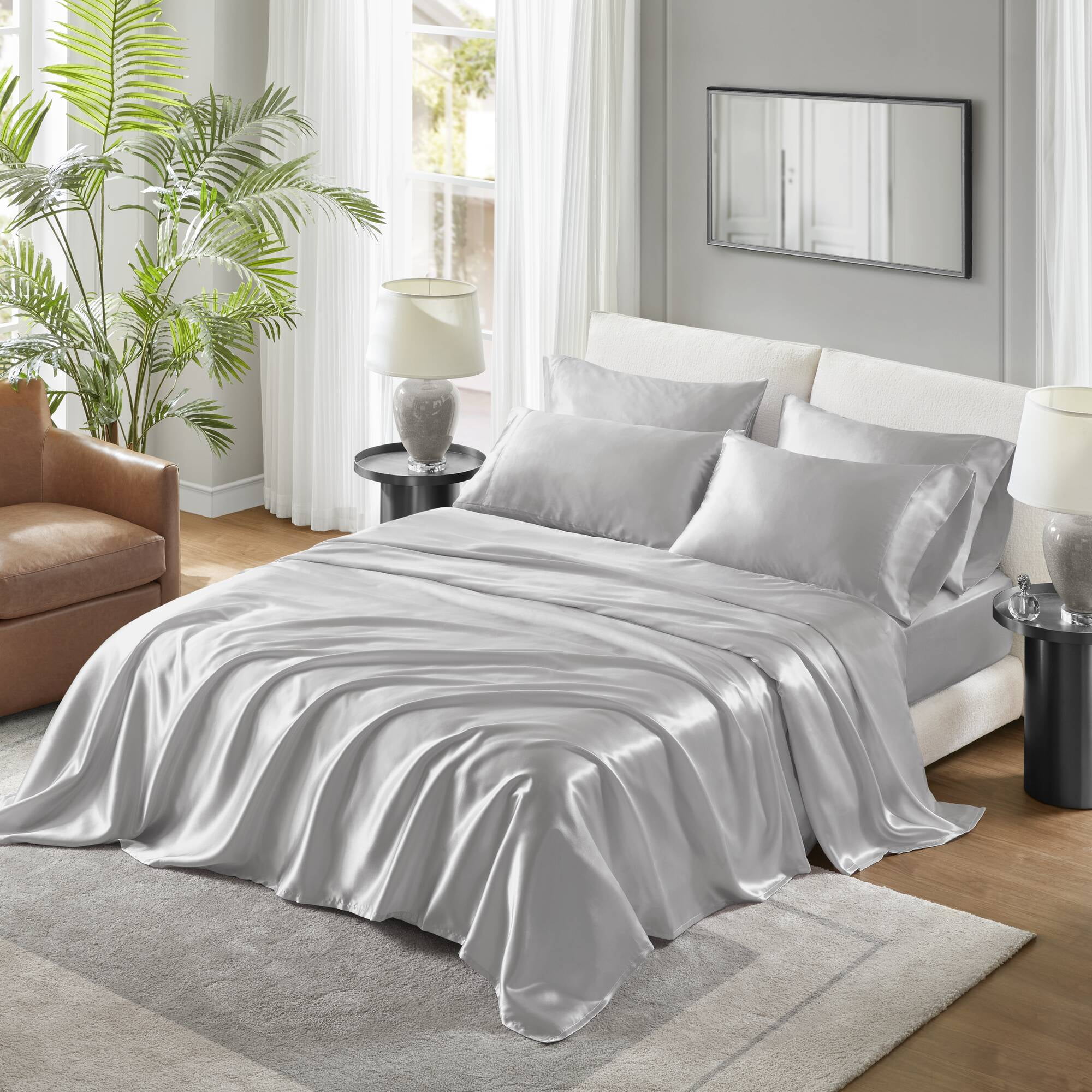 Twin Light Grey Satin Polyester Luxury Sheet Set