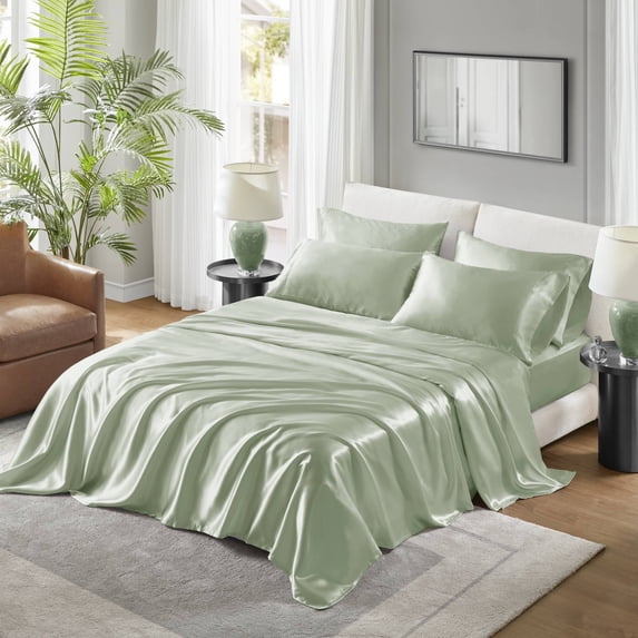 Regency Heights Sage Satin Sheet Set Twin Size, 4-Piece Silky Bed Sheets with 16" Deep Pocket Fitted Sheet