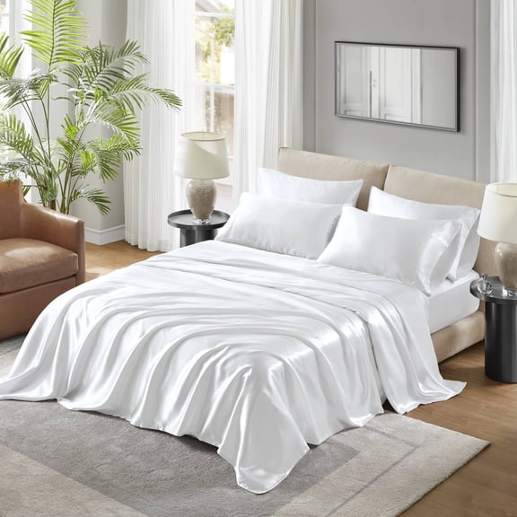 Regency Heights White Satin Sheet Set Twin Size, 4-Piece Silky Bed Sheets with 16" Deep Pocket Fitted Sheet