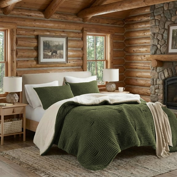 Regency Heights Waffle Knit Chenille Sherpa Comforter with Sham, 2-Piece Bedding Set, Twin, Olive