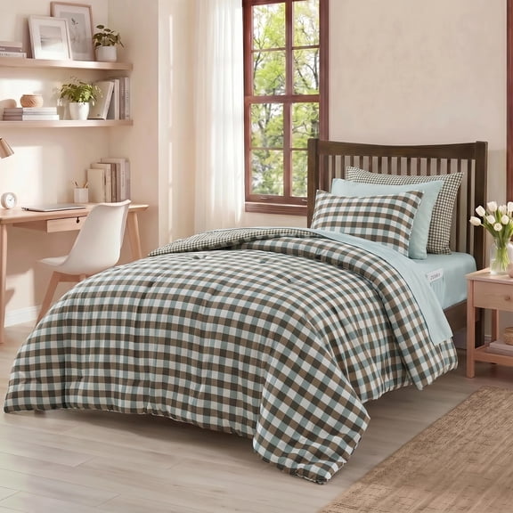 Regency Heights Twin Bed in a Bag for College Dorm, 6 Pieces Green Plaid Comforter Set with Sheets and Side Pockets, Reversible Bedding Sets for All Seasons