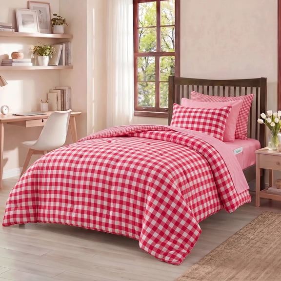 Regency Heights Twin Bed in a Bag for College Dorm, 6 Pieces Red Plaid Comforter Set with Sheets and Side Pockets, Reversible Bedding Sets for All Seasons