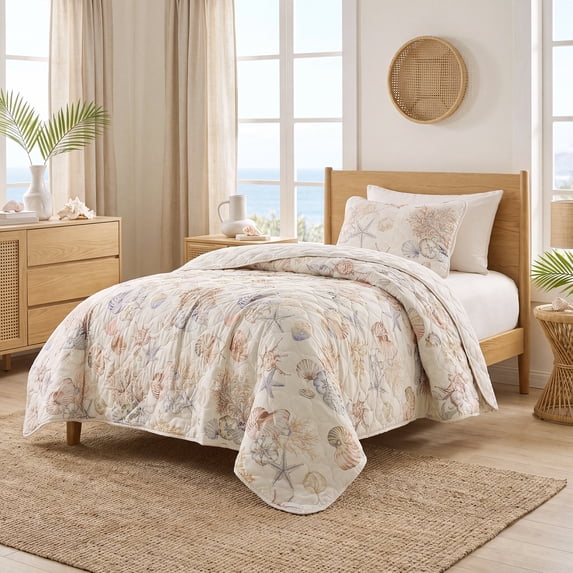 Regency Heights Twin Coastal Quilt Set for Dorm, 2-Piece Lightweight Beach Themed Quilt Coverlet Bedding Set, Nautical Bedspread Coverlet Bed Set with Sham for All Season, Beige