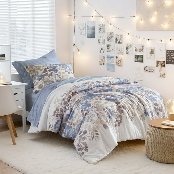 Regency Heights Twin Comforter Set with Sheets, Bed in A Bag for College Dorm Room with Diamond Printed Bed Sheet Set, 5 Piece Botanical Bedding Comforter Set, Blue
