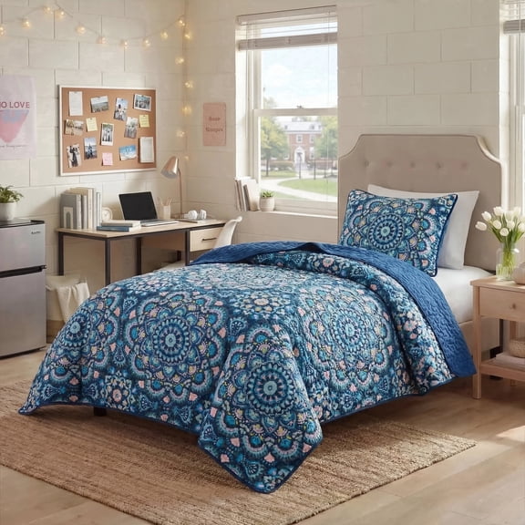 Regency Heights Twin/Twin Quilt Set, 3-Piece Reversible Bedspread Coverlet Set, Navy Blue Quilted Bedding Set with Shams for All Season