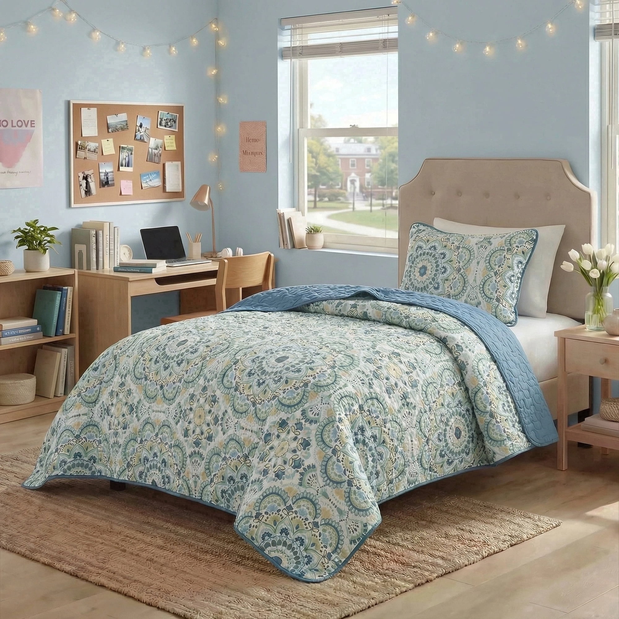 Regency Heights Twin/Twin Quilt Set, 3-Piece Reversible Bedspread Coverlet Set, Green Quilted Bedding Set with Shams for All Season