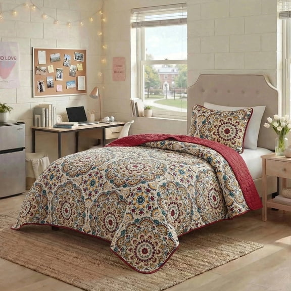Regency Heights Twin/Twin Quilt Set, 3-Piece Reversible Bedspread Coverlet Set, Red Quilted Bedding Set with Shams for All Season