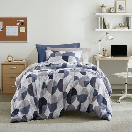 Regency Heights Twin Size Comforter Set, 6-Piece Bed in a Bag Twin, Round Geometric Print Bedding Comforter Set with Sheets, Navy Blue