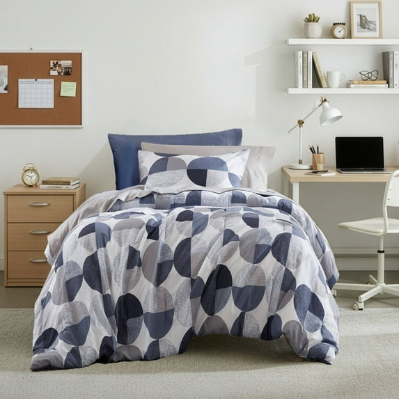 Regency Heights Twin Size Comforter Set, 6-Piece Bed in a Bag Twin, Round Geometric Print Bedding Comforter Set with Sheets, Navy Blue