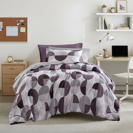 Regency Heights Twin Size Comforter Set, 6-Piece Bed in a Bag Twin, Round Geometric Print Bedding Comforter Set with Sheets, Purple