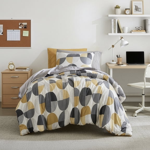 Regency Heights Twin Size Comforter Set, 6-Piece Bed in a Bag Twin, Round Geometric Print Bedding Comforter Set with Sheets, Yellow