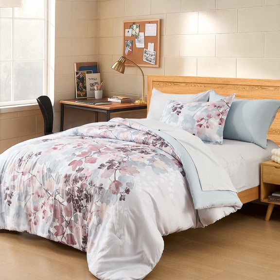 Regency Heights Twin Size Comforter Sets, Blush Bed in a Bag Twin, Botanical Bedding Comforter Set with Bed Sheets and Side Pockets, 6 Pieces