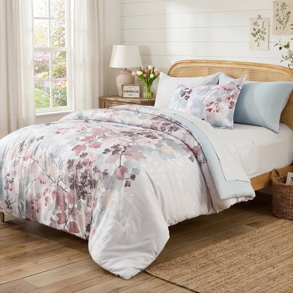 Regency Heights Twin Size Comforter Sets, Blush Bed in a Bag Twin, Botanical Bedding Comforter Set with Bed Sheets and Side Pockets, 6 Pieces