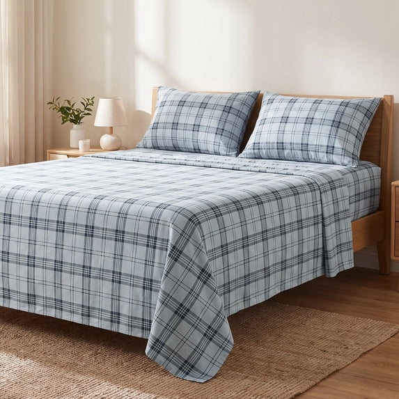 Regency Heights Twin Size Cotton Flannel Sheet Set, 3-Piece Flannel Bed Sheets Twin, 100% Cotton Bed Sheets Set with Deep Pocket, Christmas Plaid Blue