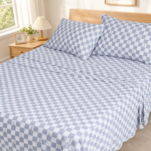 Regency Heights Twin Size Cotton Flannel Sheet Set, 3-Piece Flannel Bed Sheets Twin, 100% Cotton Bed Sheets Set with Deep Pocket, Grey Checkerboard Dogs