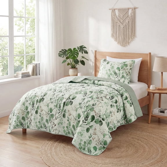 Regency Heights Twin Botanical Quilt Set for Dorm, 2-Piece Reversible Floral Summer Quilt Coverlet Bedding Set, Green Quilted Bedspread with Sham for All Season