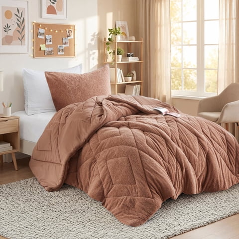 Regency Heights Twin/Twin XL Quilted Plush Comforter Set, 2-Piece Reversible Feather-Soft Dorm Bedding Sets, Textured Sherpa Comforter Bed Set for All Season, Brown