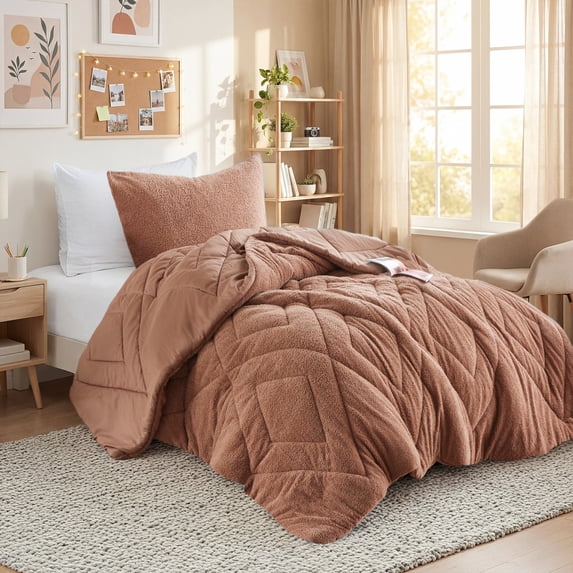 Regency Heights Twin/Twin XL Quilted Plush Comforter Set, 2-Piece Reversible Feather-Soft Dorm Bedding Sets, Textured Sherpa Comforter Bed Set for All Season, Brown